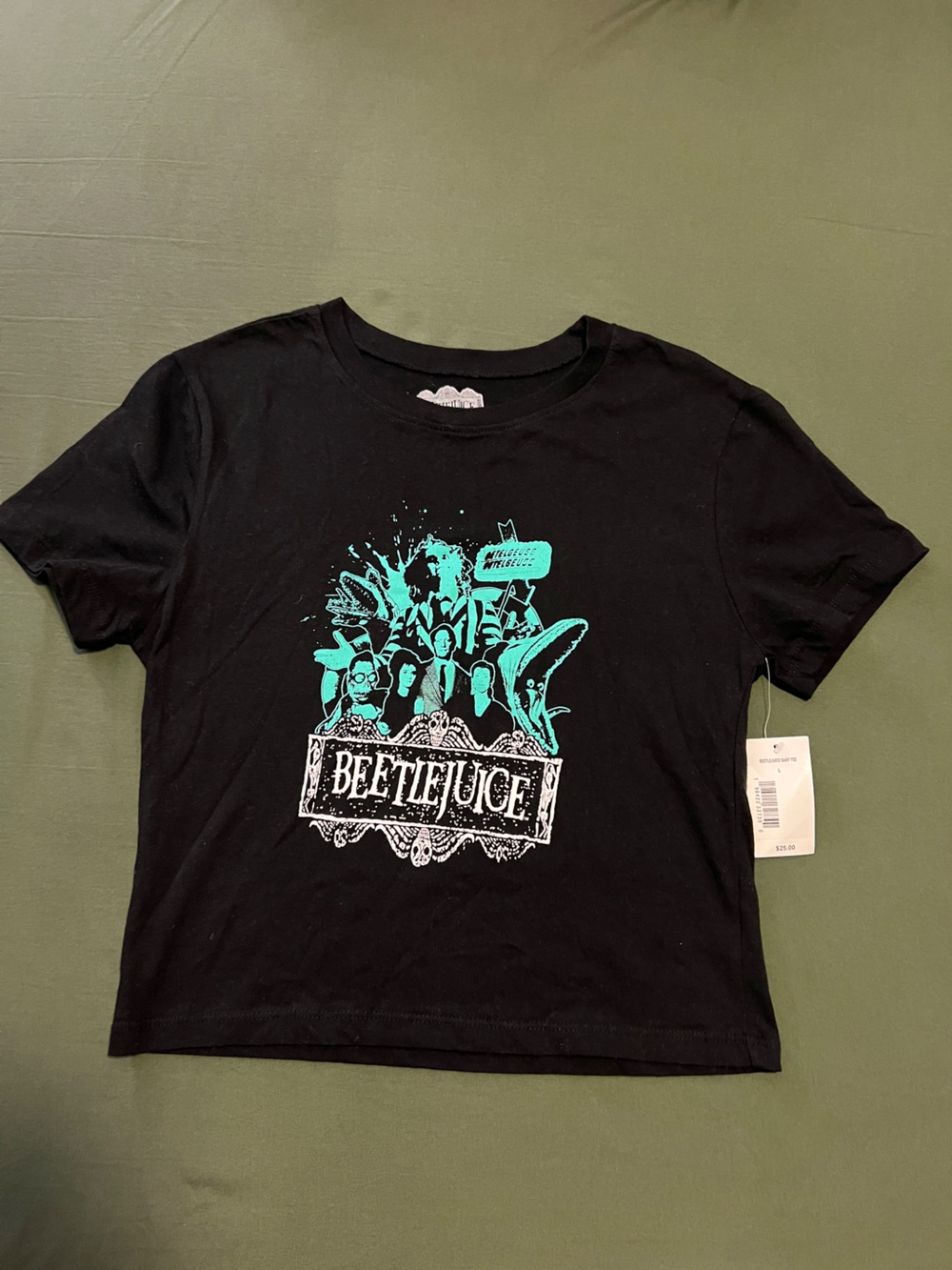 Beetlejuice Tee - Black with Teal Print Girls L